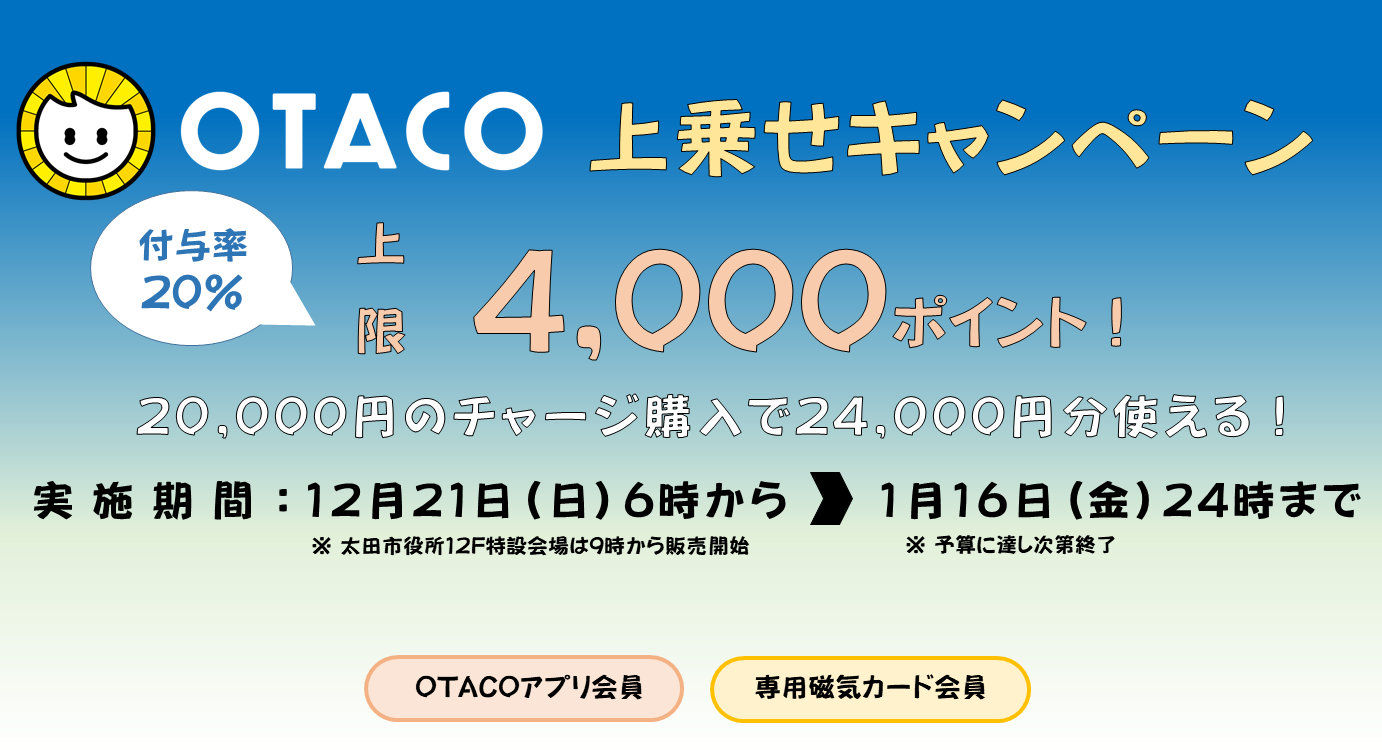 OTACO20%上乗せキャンペーンを実施します