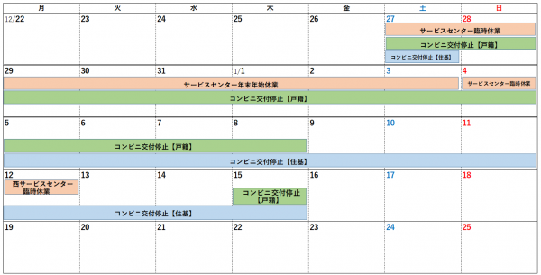 コンビニ交付停止及びサービスセンター休業予定カレンダー