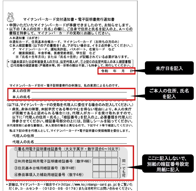 交付通知書はがきの記入例の画像