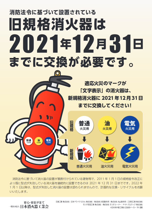「旧規格の消火器は、令和3年12月31日までに交換が必要です!!」の画像