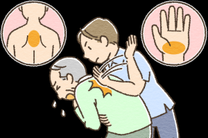 餅が詰まったら、左右の肩甲骨の間を強く何度もたたく画像